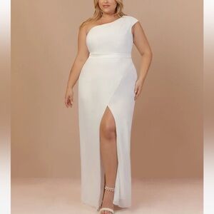 Azazie Oaklee White Sheath One Shoulder Stretch Satin Dress, New, Size 16